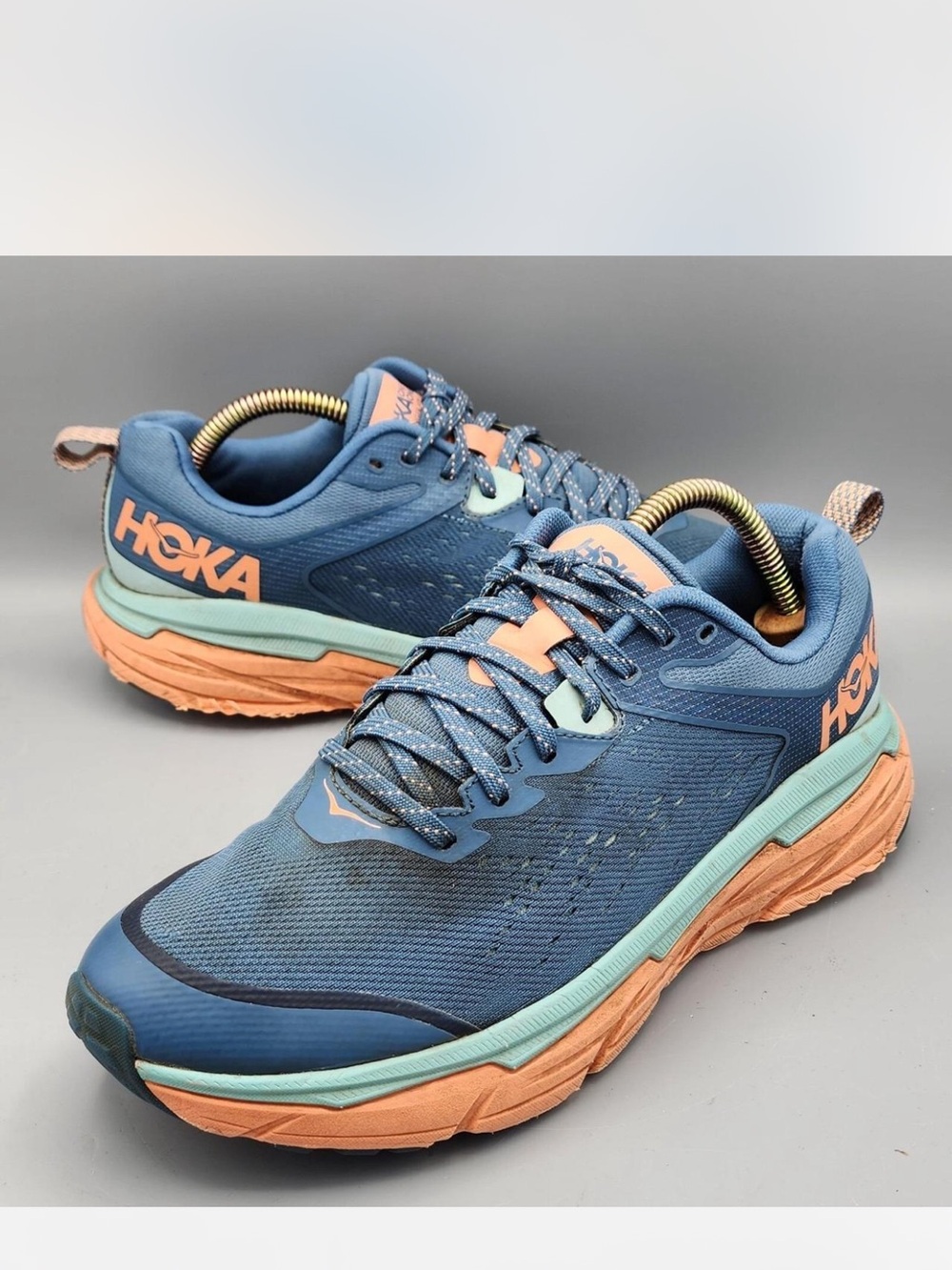 Hoka Women's Blue Running Shoes with Peach and Mint Accents size 9.5
